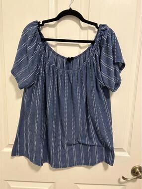 W5 Blue Striped Short Sleeve Blouse 1X